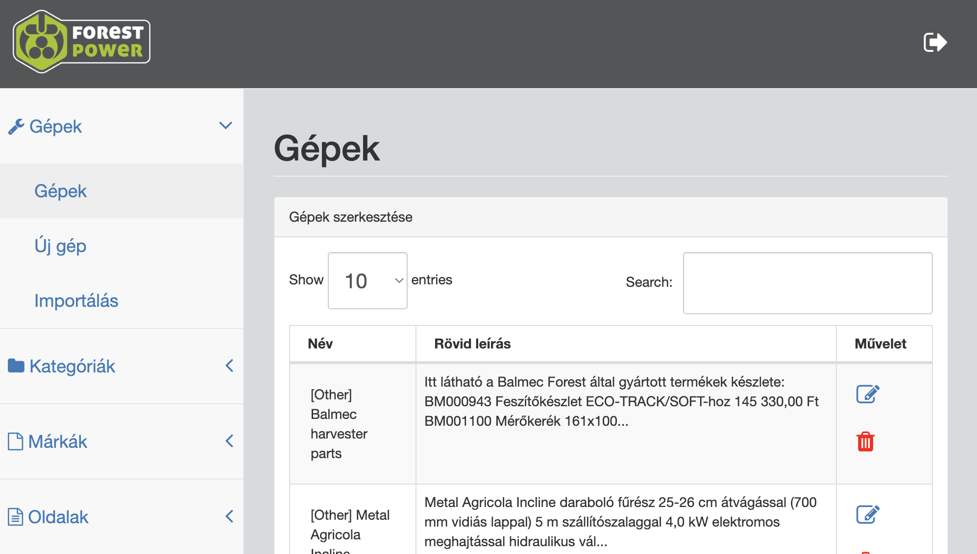 Forest Power CMS géplista